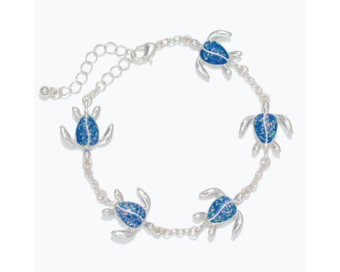 Bracelet- Blue Opal Silver Tone Turtles