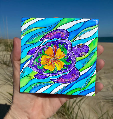 Tile-4.25"x4.25" Hibiscus Turtle
